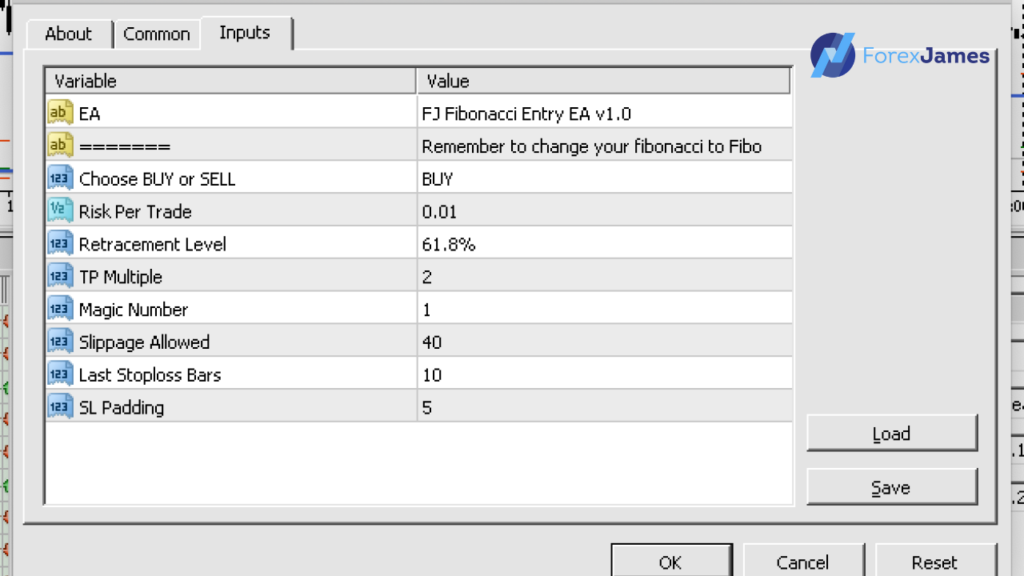 FJ Fibonacci Entry EA settings